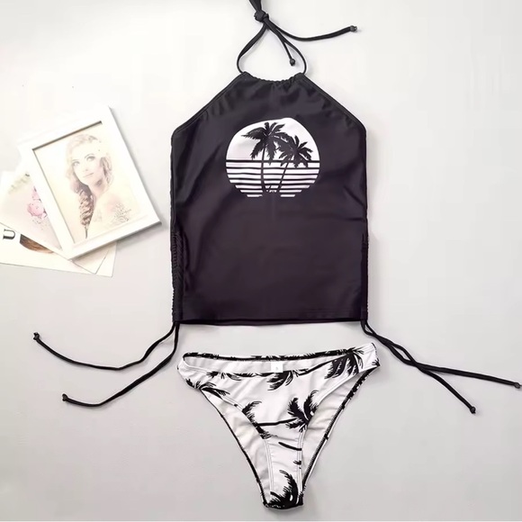 NWT Women’s Size XXL 2-Piece Black and White Palm Tree Print Halter Bikini - Picture 2 of 16